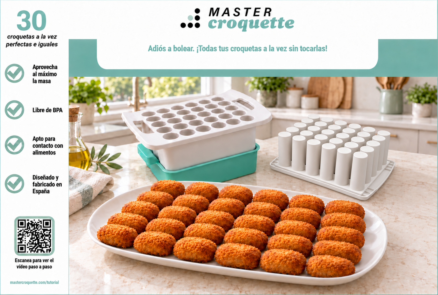 MasterCroquette® con una fuente de croquetas en la cocina