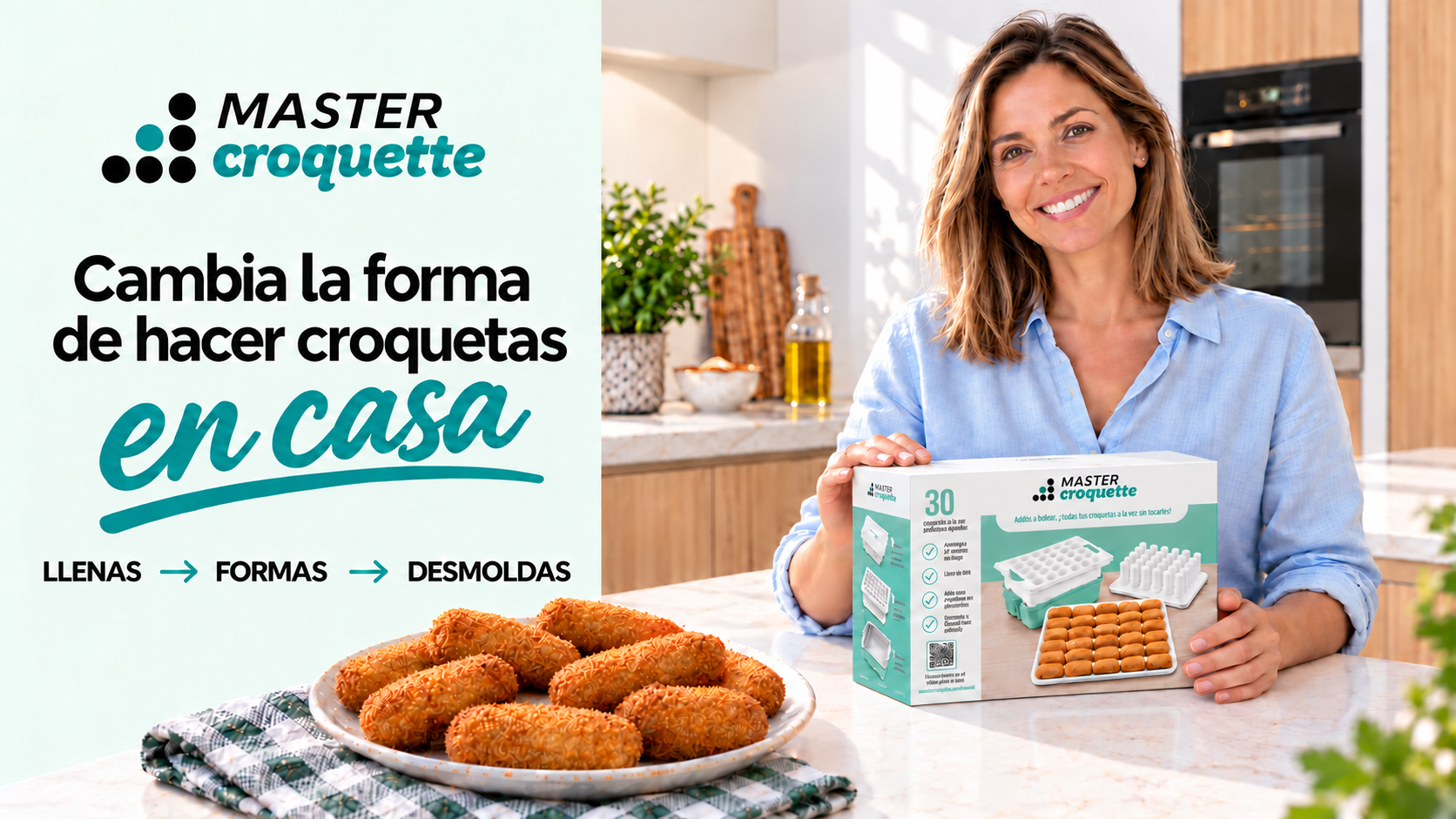 MasterCroquette: cambia la forma de hacer croquetas en casa. Llenas, formas, desmoldas. Mujer con la caja del producto.